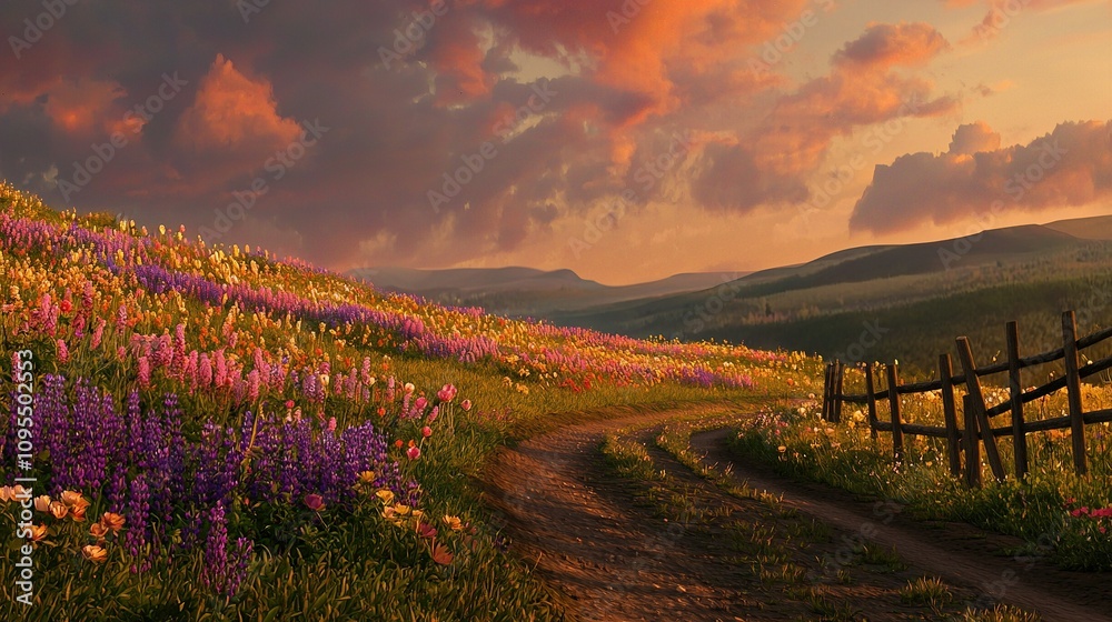 A dirt path through a meadow with wildflowers in the distance and a wooden railing nearby A dirt path through a meadow with wildflowers in the distance and a wooden railing nearby
