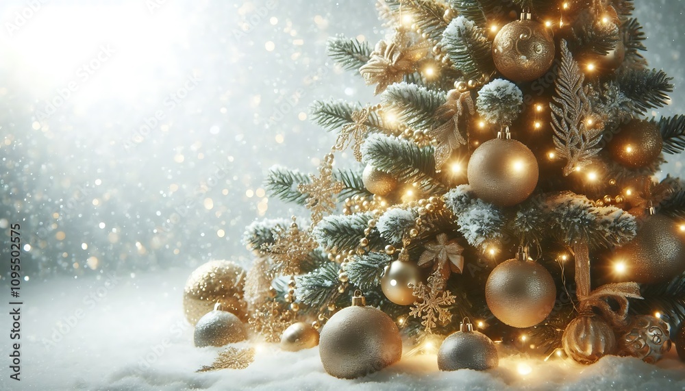Glittering christmas tree with golden ornaments against snowy white background, featuring glowing copy space Glittering christmas tree with golden ornaments against snowy white background, featuring glowing copy space