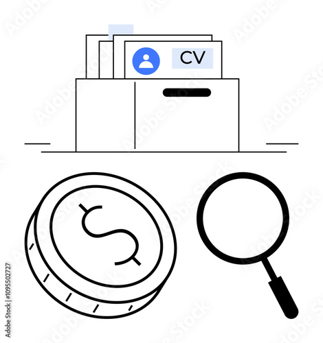 CV folder in drawer. Dollar coin and magnifying glass. Ideal for recruitment, job search, HR, salary analysis, finance, employment business opportunities. Line metaphor