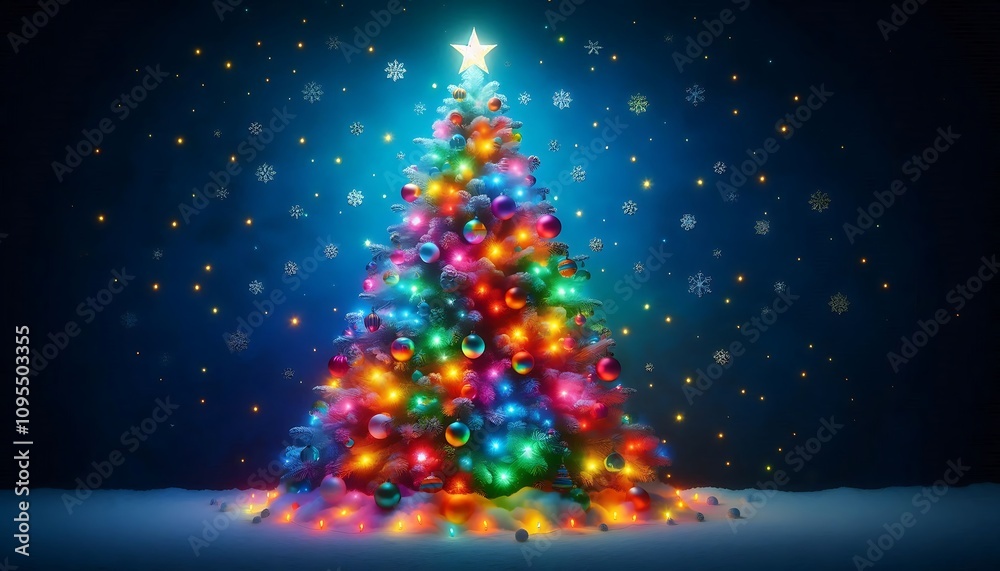 Brightly decorated christmas tree with rainbow lights on midnight blue background Brightly decorated christmas tree with rainbow lights on midnight blue background