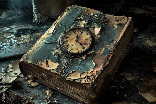 A broken clock on an old book as a symbol of the transience of time and the wisdom of the past.