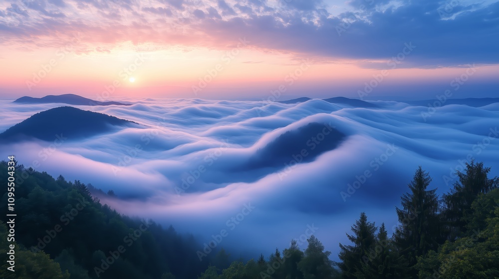 Obraz premium The sky is a beautiful mix of blue and orange hues, with the sun setting behind the mountains. The clouds are thick and billowy, creating a sense of mystery and wonder. The scene is serene