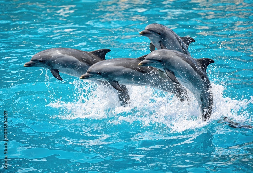 Fototapeta premium Group of dolphins jumping out of the water in the ocean. Natural wildlife photography. Marine life and ocean wildlife concept.