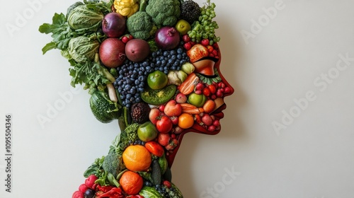 Fototapeta Naklejka Na Ścianę i Meble -  Creative human profile made of colorful fresh fruits and vegetables, symbolizing health, nutrition, diet, organic lifestyle, food art, sustainability, wellness, unique artistic design