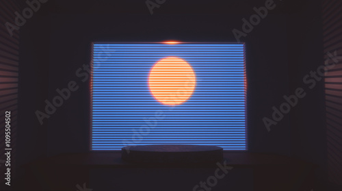 Product podium on table with retrowave sunset background photo