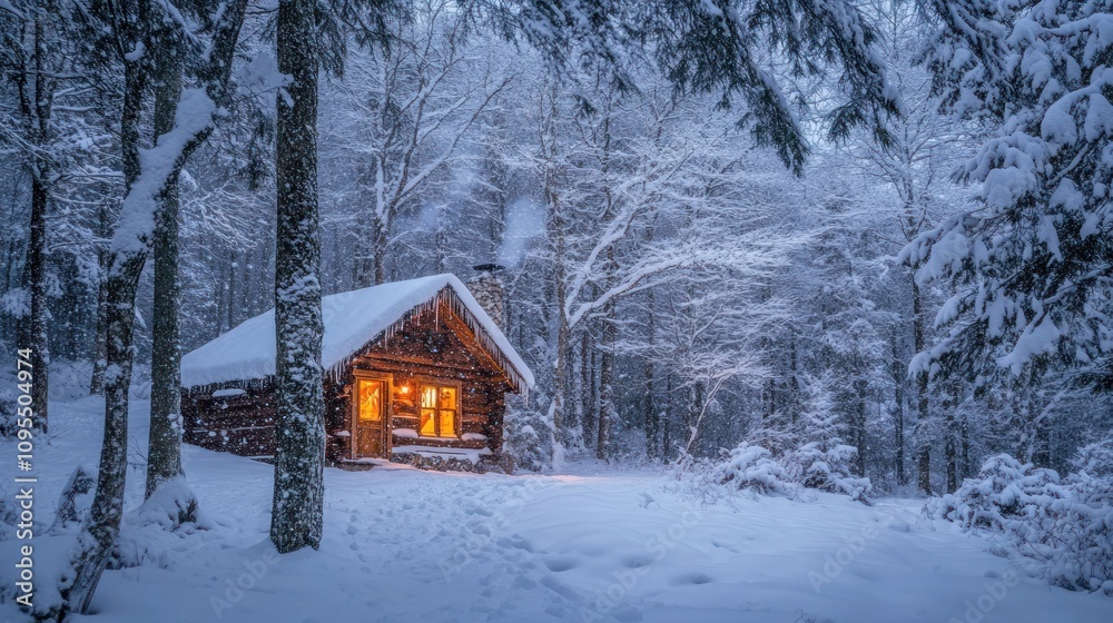 A cozy cabin illuminated in a snowy forest, evoking warmth amidst a winter landscape. A cozy cabin illuminated in a snowy forest, evoking warmth amidst a winter landscape.