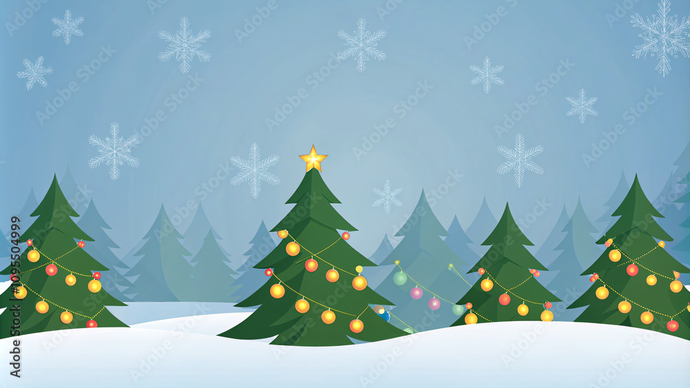 Fototapeta premium Festive Christmas vector design with decorated pine trees, snowflakes, and golden ornaments, in a modern flat illustration style, perfect for greeting cards and web banners