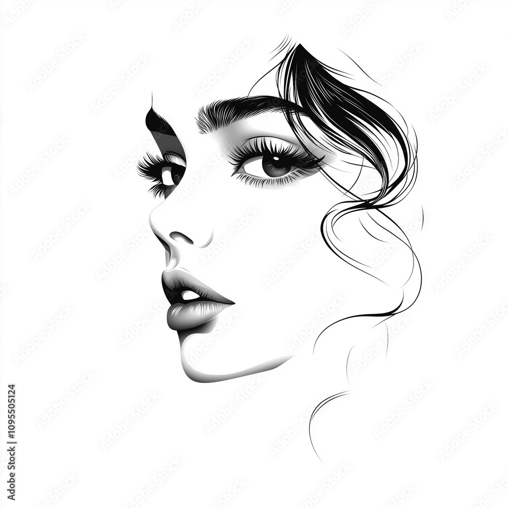 Stylish profile portrait of a young woman with curly hair in black and white line art style Stylish profile portrait of a young woman with curly hair in black and white line art style