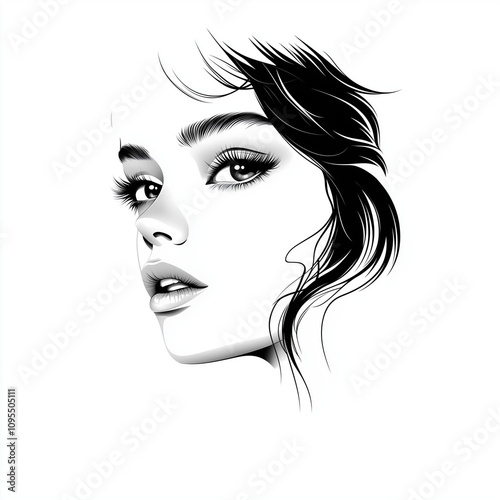 Elegant profile portrait of a young woman with flowing hair in black and white line art style