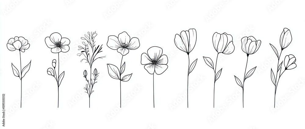 Minimalist hand-drawn flowers illustration showcasing various floral designs, perfect for creating a calm and natural atmosphere in any project. Minimalist hand-drawn flowers illustration showcasing various floral designs, perfect for creating a calm and natural atmosphere in any project.