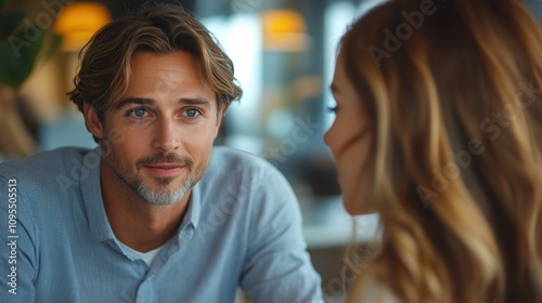 Man gazing at woman in casual conversation, relaxed cafe setting, natural lighting, emotional connection, soft focus background, stylish modern environment, intimate atmosphere