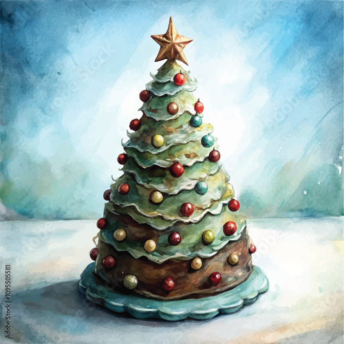 Christmas tree-shaped cake with colorful ornaments and golden star topper