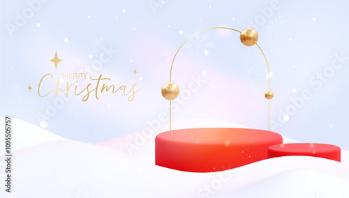 Christmas winter landscape podium with golden arch and golden balls