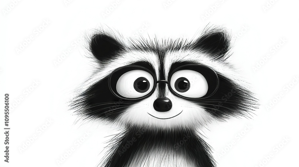 A monochrome illustration depicts a raccoon with spectacles adorning its facial features and enlarged, astonished eyes A monochrome illustration depicts a raccoon with spectacles adorning its facial features and enlarged, astonished eyes