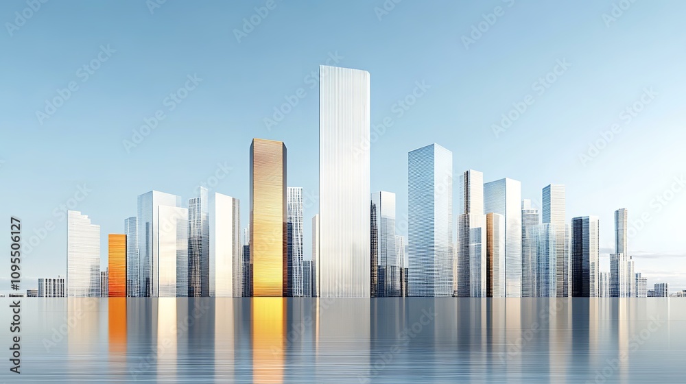 Modern City, financial Downtown, business centre with skyscrapers and office buildings at sunset and reflection in water Modern City, financial Downtown, business centre with skyscrapers and office buildings at sunset and reflection in water