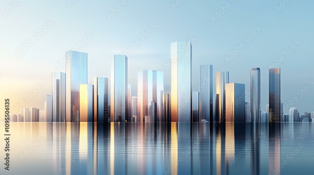 Fototapeta premium Modern City, financial Downtown, business centre with skyscrapers and office buildings at sunset and reflection in water 