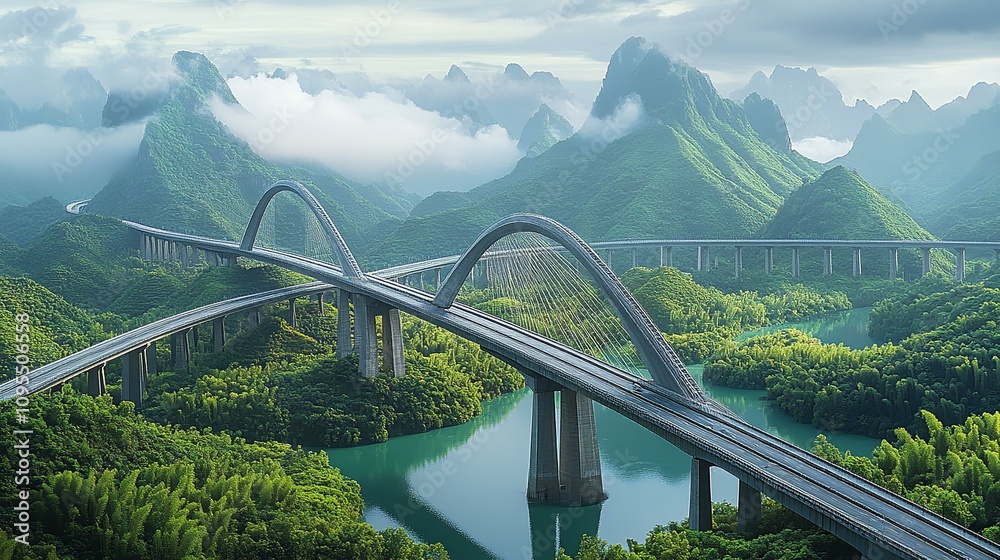 Fototapeta premium Futuristic bridges in mountains, inspired bu Chinese industrial architecture