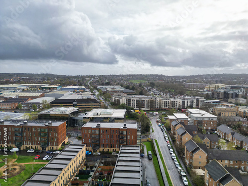 Aerial View of Central City Centre Elstree Uxbridge London City of England, Great Britain. It Was Rainy and Cloudy Day with Strong Winds over England, UK. April 4th, 2024 photo