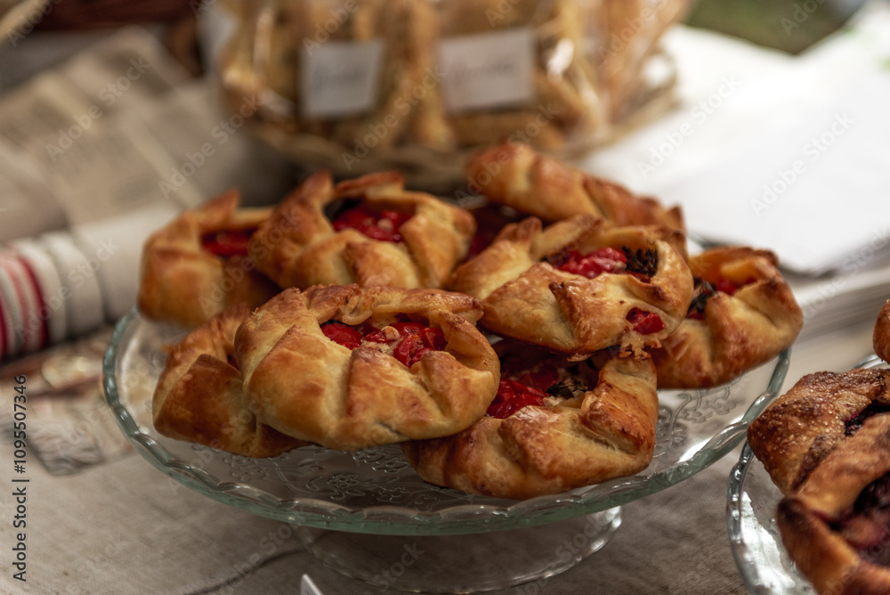 Delicious puff pastries with tomatoes filling on glass. Delicious puff pastries with tomatoes filling on glass.