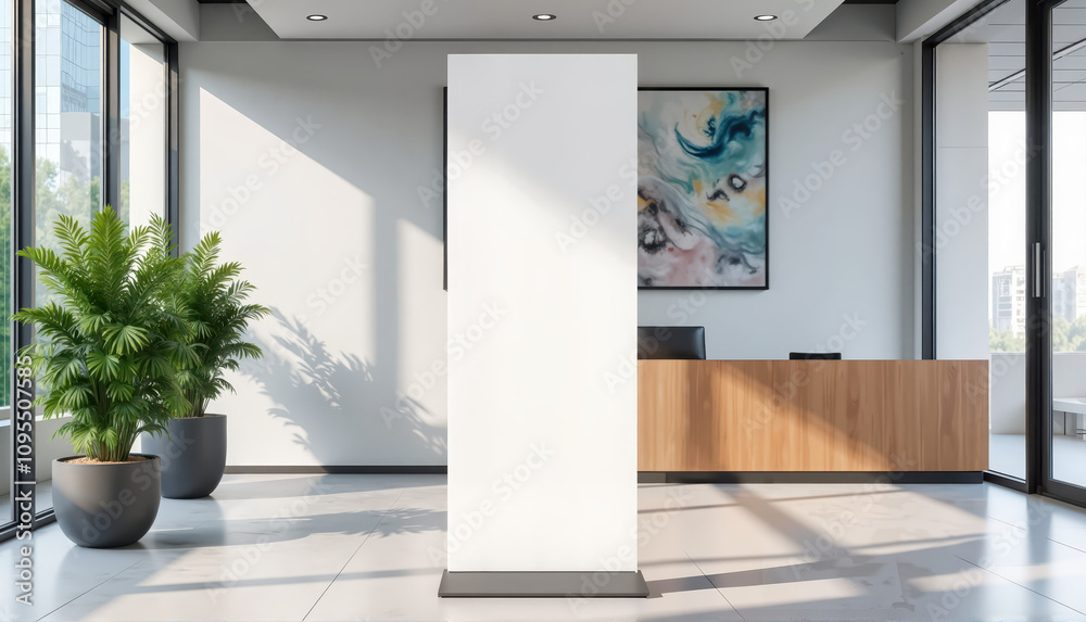Simple Blank Banner Stand in a Corporate Lobby with Sleek Desk and Modern Artwork in the Background Simple Blank Banner Stand in a Corporate Lobby with Sleek Desk and Modern Artwork in the Background