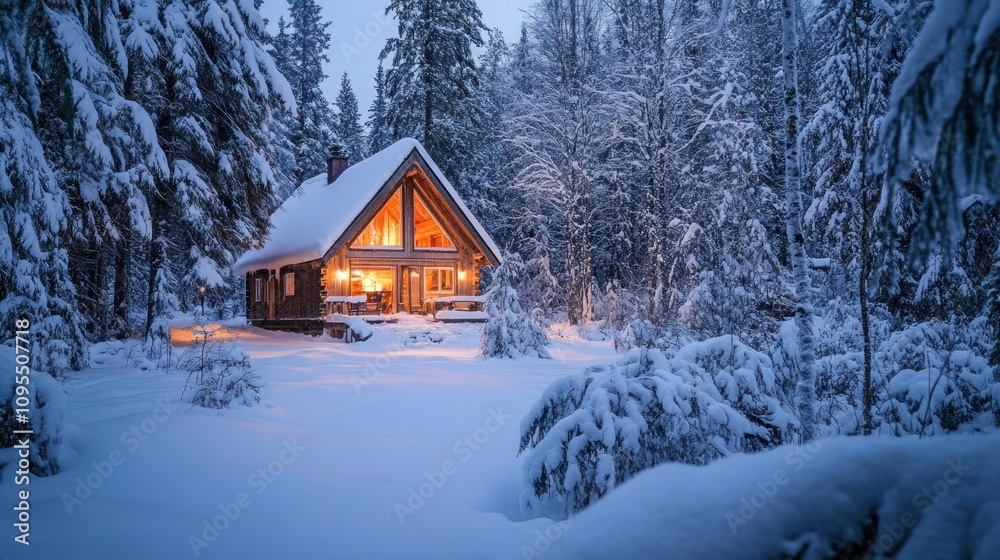A cozy cabin illuminated in a snowy forest, evoking warmth and tranquility in winter. A cozy cabin illuminated in a snowy forest, evoking warmth and tranquility in winter.