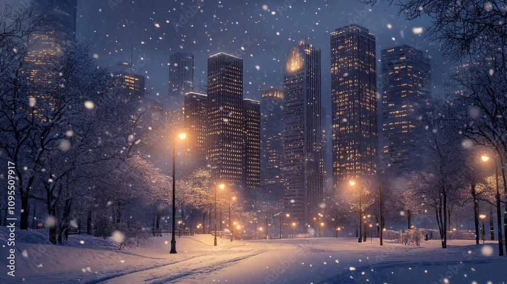 A serene winter cityscape with snow falling on illuminated skyscrapers and a park path. A serene winter cityscape with snow falling on illuminated skyscrapers and a park path.