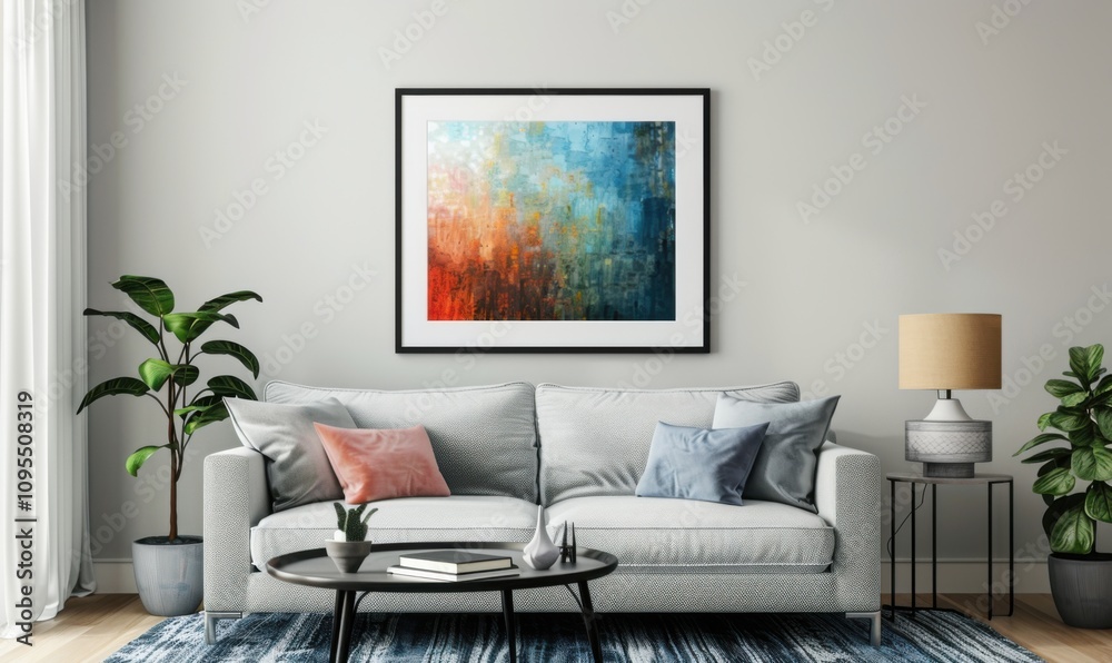 This living room showcases a chic setup with a beautifully framed artwork above a plush sofa. Soft colors and plants add warmth, creating a welcoming atmosphere perfect for relaxation This living room showcases a chic setup with a beautifully framed artwork above a plush sofa. Soft colors and plants add warmth, creating a welcoming atmosphere perfect for relaxation
