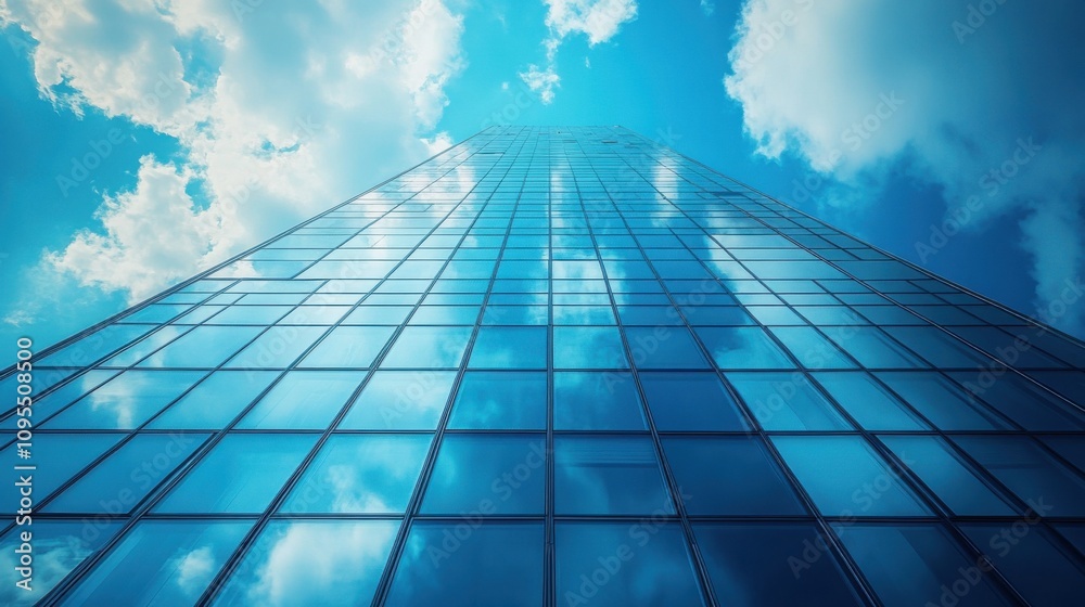Looking up at a modern glass skyscraper reflecting blue sky and clouds, urban architecture, corporate building, cityscape view, contemporary design, downtown Looking up at a modern glass skyscraper reflecting blue sky and clouds, urban architecture, corporate building, cityscape view, contemporary design, downtown