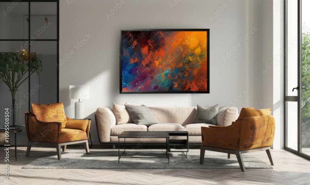 In a beautifully designed living room, a colorful picture frame adorns the wall, enriching the space's ambiance. Cozy couches and chic accents create a welcoming atmosphere In a beautifully designed living room, a colorful picture frame adorns the wall, enriching the space's ambiance. Cozy couches and chic accents create a welcoming atmosphere