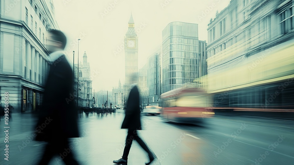 Silhouette of businessman in suit walking in city, motion blur catching a moment contemporary style image, Post modernism style 