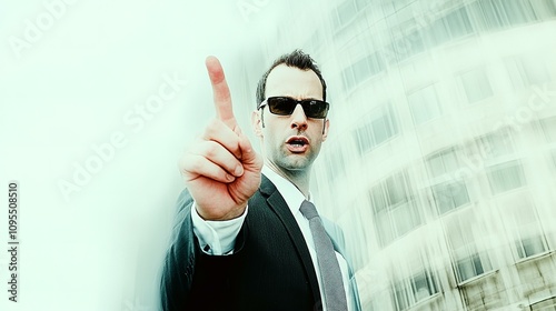 Businessman with pointing finger up, gesture of attention, background with morion effect and copy space photo