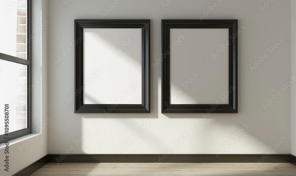 A stylish living room mockup showcases two empty picture frames against a bright wall, inviting viewers to imagine their favorite artworks enhancing the space