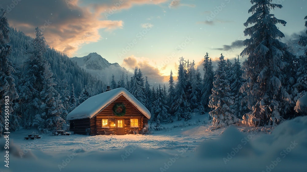 Fototapeta premium A cozy cabin surrounded by a snow-covered forest during sunset with cloudy skies