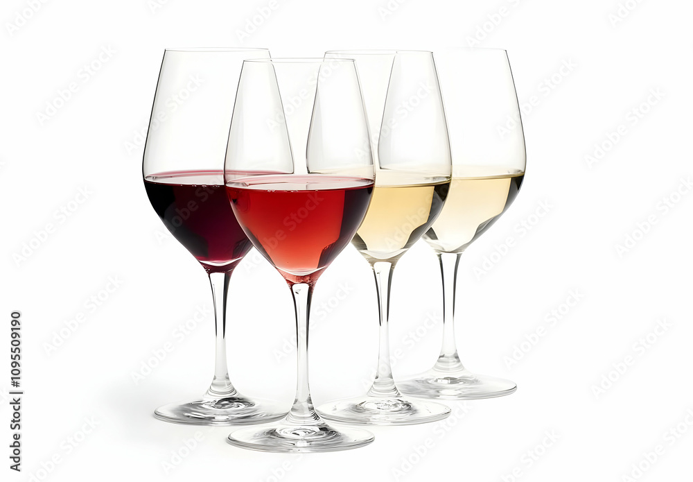 Elegant Display of Four Different Wine Glasses Filled with Red, Rosé, and White Wine on a Crisp White Background for a Refined Culinary Aesthetic Elegant Display of Four Different Wine Glasses Filled with Red, Rosé, and White Wine on a Crisp White Background for a Refined Culinary Aesthetic