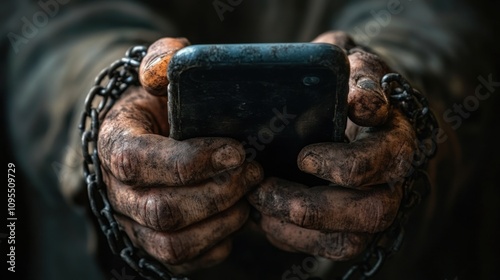 Hands gripping smartphone wrapped in chains, dark gritty background, symbol of digital addiction, technology entrapment, dramatic representation, modern struggles, loss of freedom