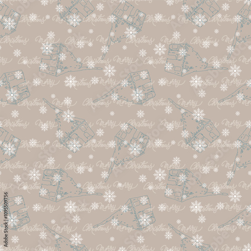 Merry Christmas seamless vector pattern with hand drawn houses and snowflakes. Great for kids wallpaper, wrapping paper, decorations and greeting cards.