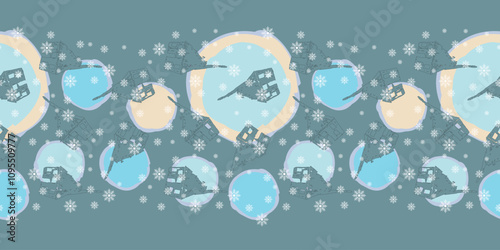 Abstract snow balls seamless vector pattern Border with cute houses and falling snowflakes. Great for seasonal wrapping paper, greeting cards, invitations, gift boxes and web background.