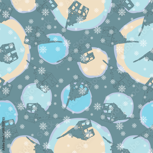 Abstract snow balls seamless vector pattern illustration with cute houses and falling snowflakes. Great for seasonal wrapping paper, decorations and greeting cards.