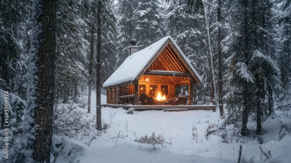A cozy cabin in a snowy forest, illuminated by a warm fire, creating a tranquil winter scene. A cozy cabin in a snowy forest, illuminated by a warm fire, creating a tranquil winter scene.