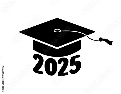 Graduation 2025 black colored vector flat illustration. Greeting card, poster, sublimation design. Academic cap isolated on white background and number 2025. Mortarboard graduate symbol