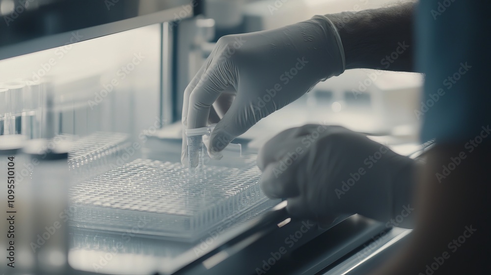 A scientist wearing gloves carefully handles a test tube in a laboratory setting.