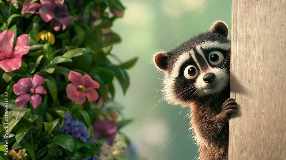 Obraz premium A raccoon peeks out of a flower-filled wall hole
