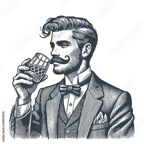 Gentleman Having a Glass of Whisky. Vintage Woodcut Engrving style vector Illustration