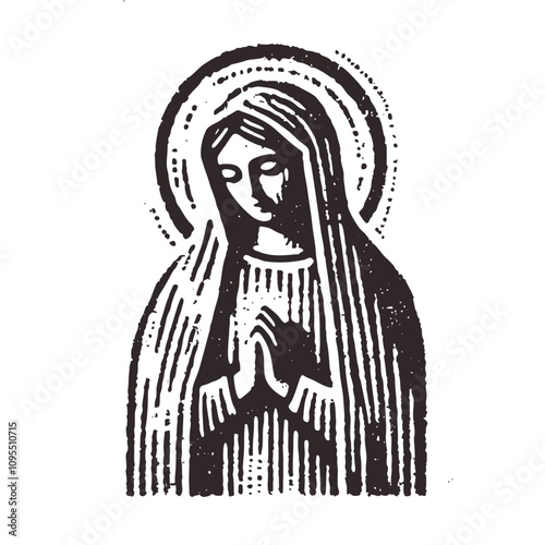 Abstract Illustration of Holy Mary with Halo. Rough wood block print style vector Illustration.