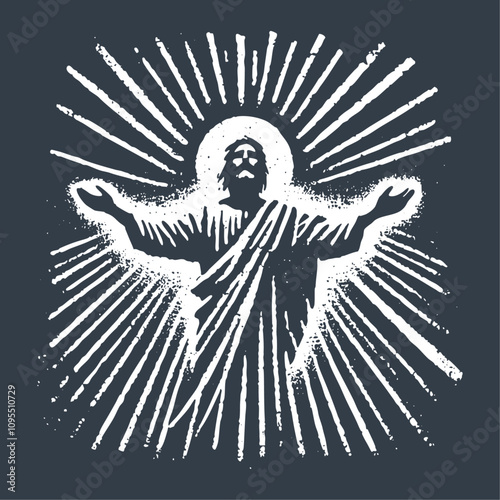 Jesus Blessing. Rough wood block print style vector Illustration