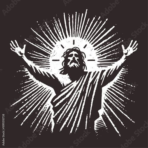 Jesus Enlightement. Rough wood block print style vector Illustration