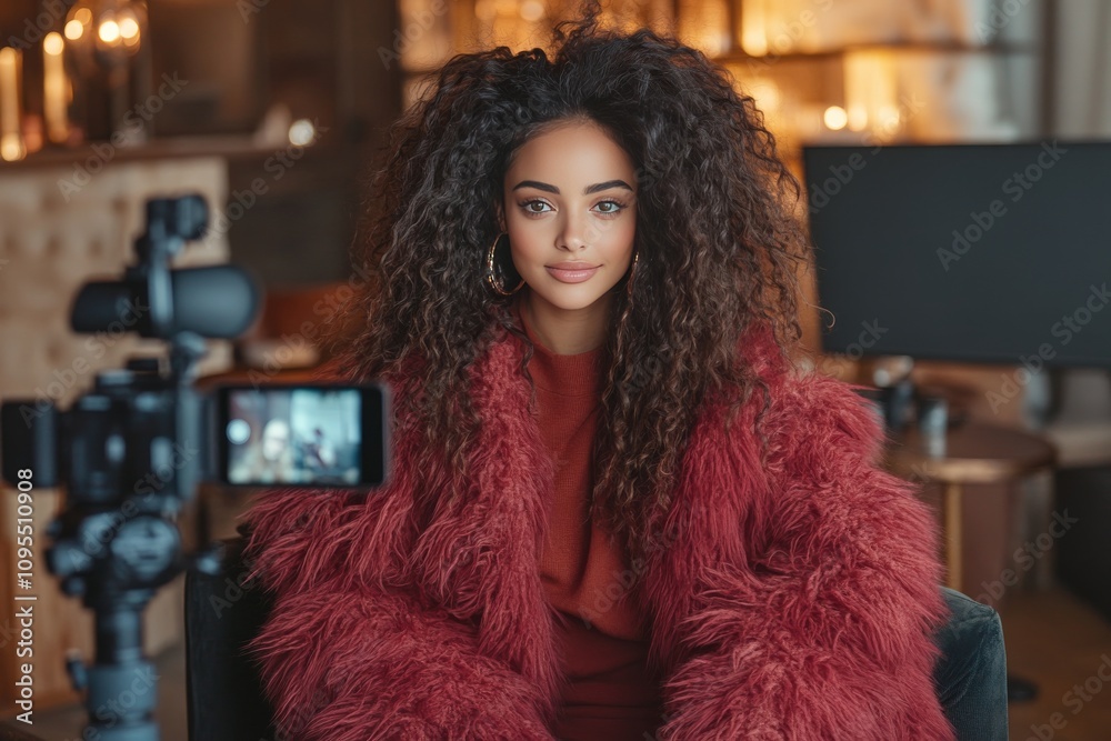 Fashion influencer filming a vlog on her smartphone. Generative AI Fashion influencer filming a vlog on her smartphone. Generative AI