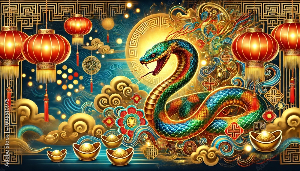 Fototapeta premium Majestic snake celebrating lunar new year with lanterns and gold ingots