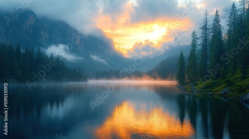 Misty lake surrounded by pine forest and autumn trees, serene water reflections, calm atmosphere, tranquil nature scene, foggy mountains, peaceful landscape, wilderness beauty