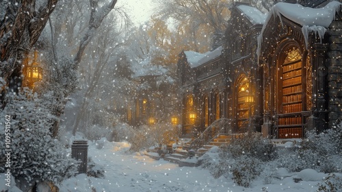 A serene winter scene featuring a snow-covered pathway and illuminated buildings.